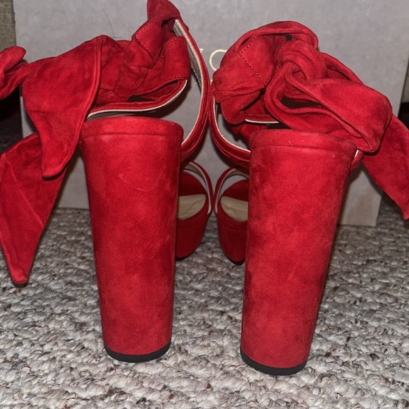 Jimmy Choo, red, soft suede, open toe wrap heels - Picture 3 of 5